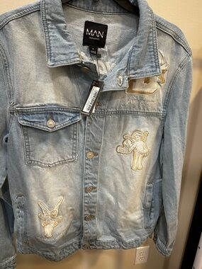 boohooMAN Light Blue Distressed Denim Jacket with Contrast Stitching